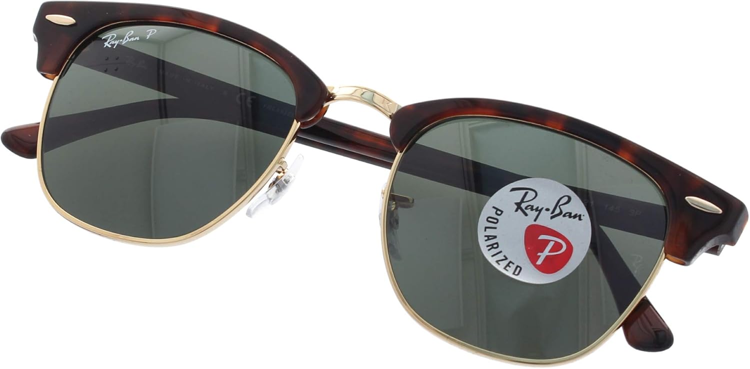Ray-Ban CLUBMASTER Red Havana Crystal Green Polarized 51mm RB3016 990/58 Occhiali da sole polarizzati, Tartaruga rossa, 51mm