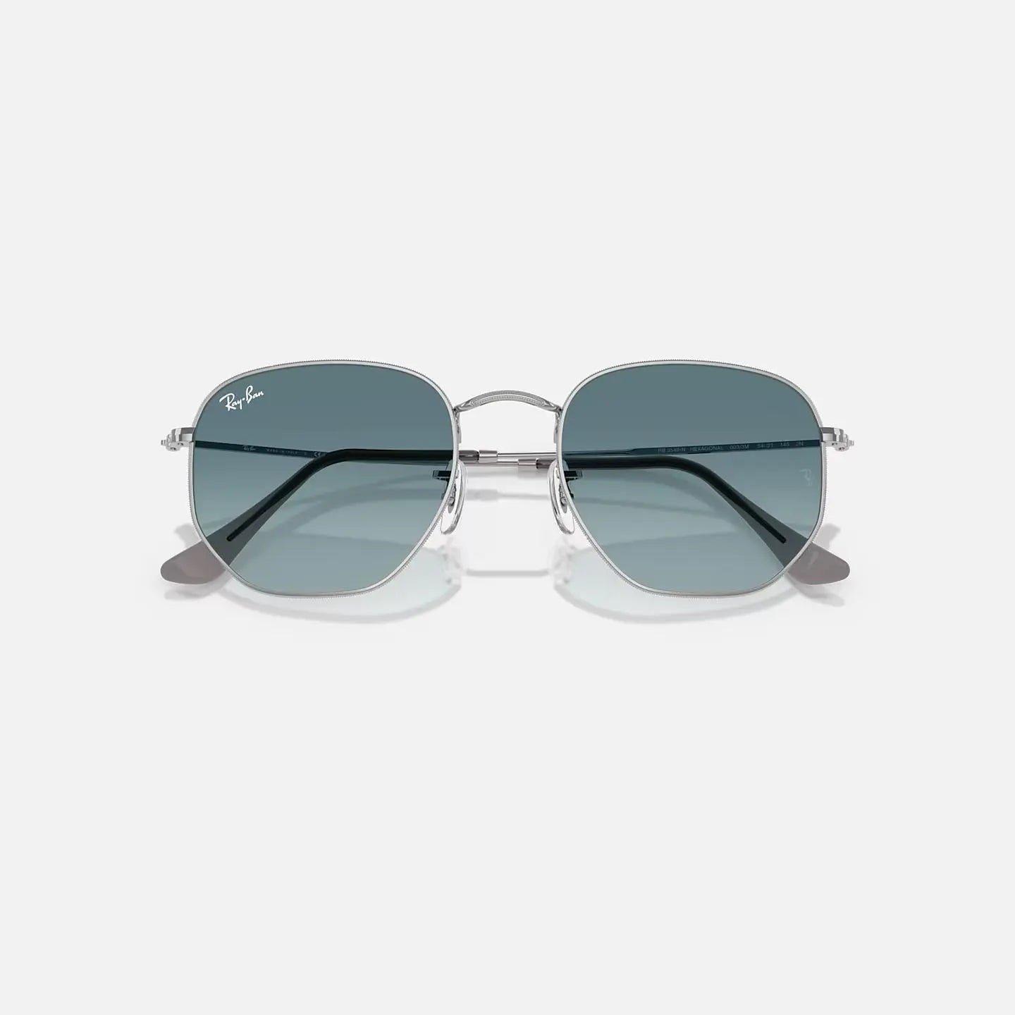 Ray-Ban Hexagonal RB 3548-N metal frame sunglasses with blue lenses and geometric hexagonal shape.