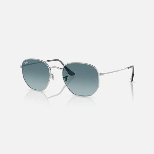 Ray-Ban Hexagonal RB 3548-N sunglasses with thin metal frame and hexagonal green G-15 lenses, UV400 protection.