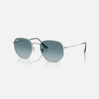 Ray-Ban Hexagonal RB 3548-N sunglasses with thin metal frame and hexagonal green G-15 lenses, UV400 protection.