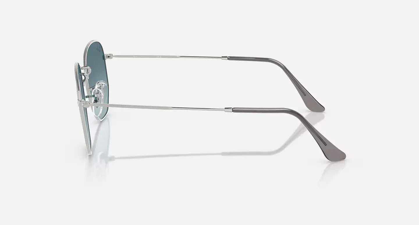 Ray-Ban Hexagonal RB 3548-N sunglasses with thin gold metal frame and green G-15 lenses, side view.