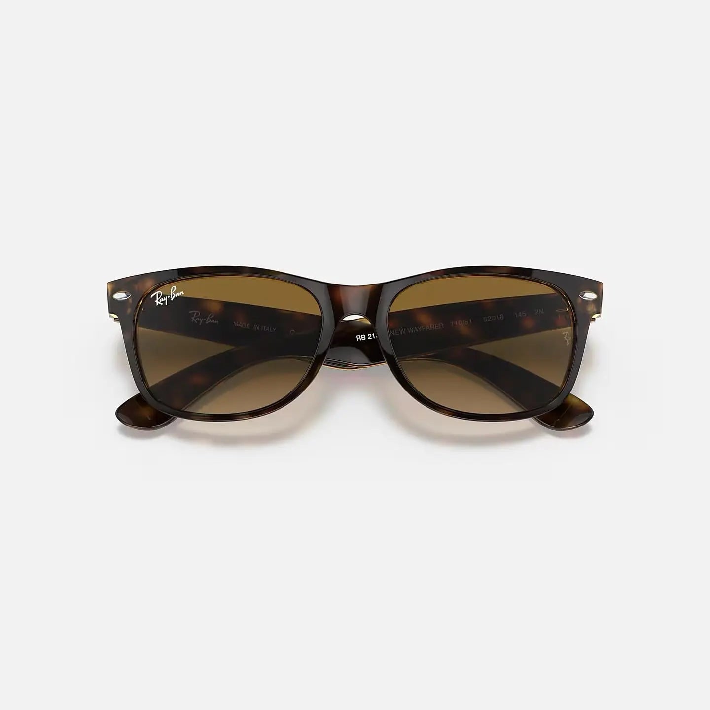 Ray-Ban New Wayfarer RB2132 sunglasses with glossy tortoiseshell frame and brown G-15 lenses, UV400 protection.