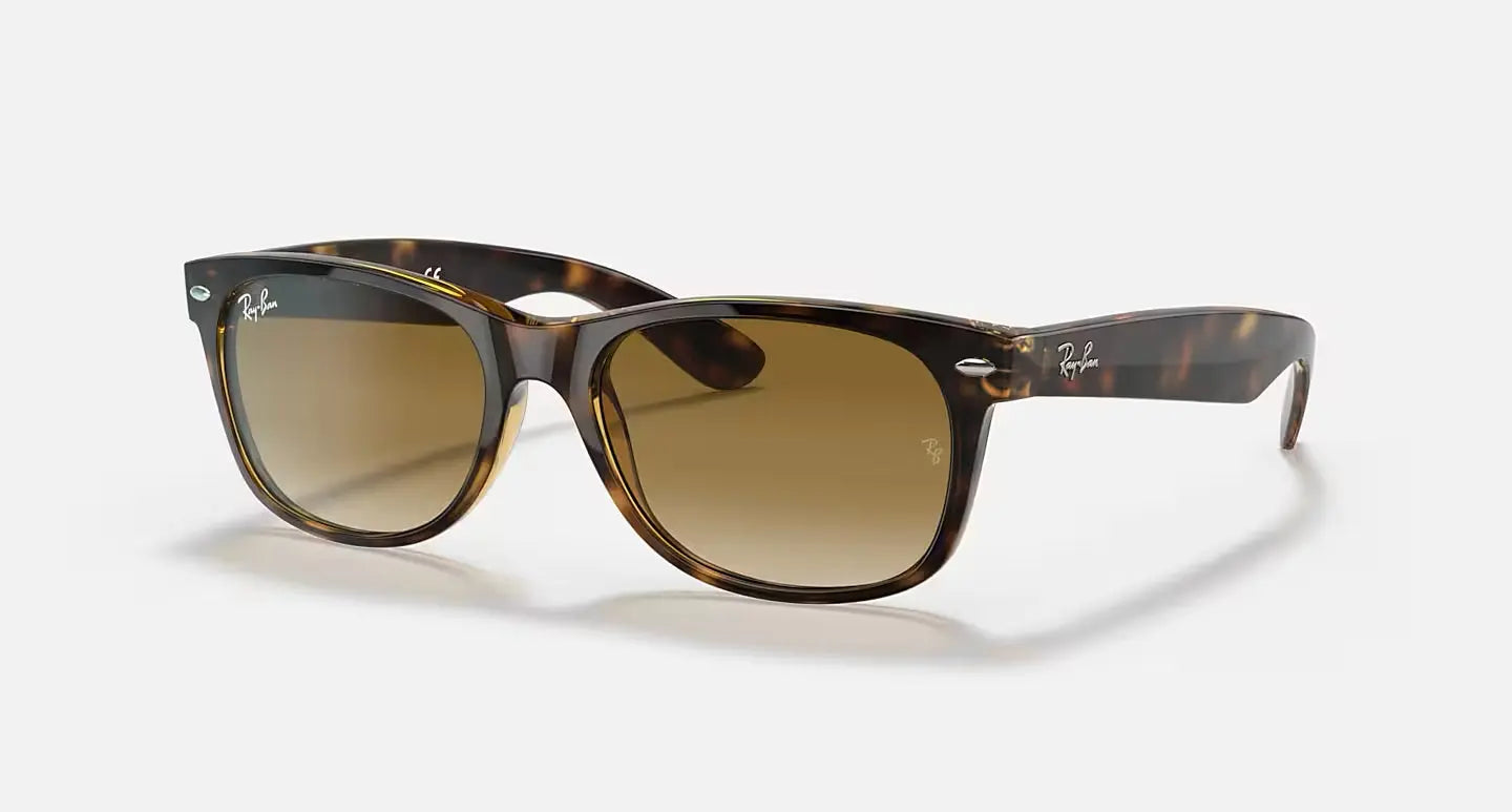 Ray-Ban New Wayfarer RB2132 sunglasses with glossy tortoiseshell acetate frame and brown gradient lenses, UV400 protection.