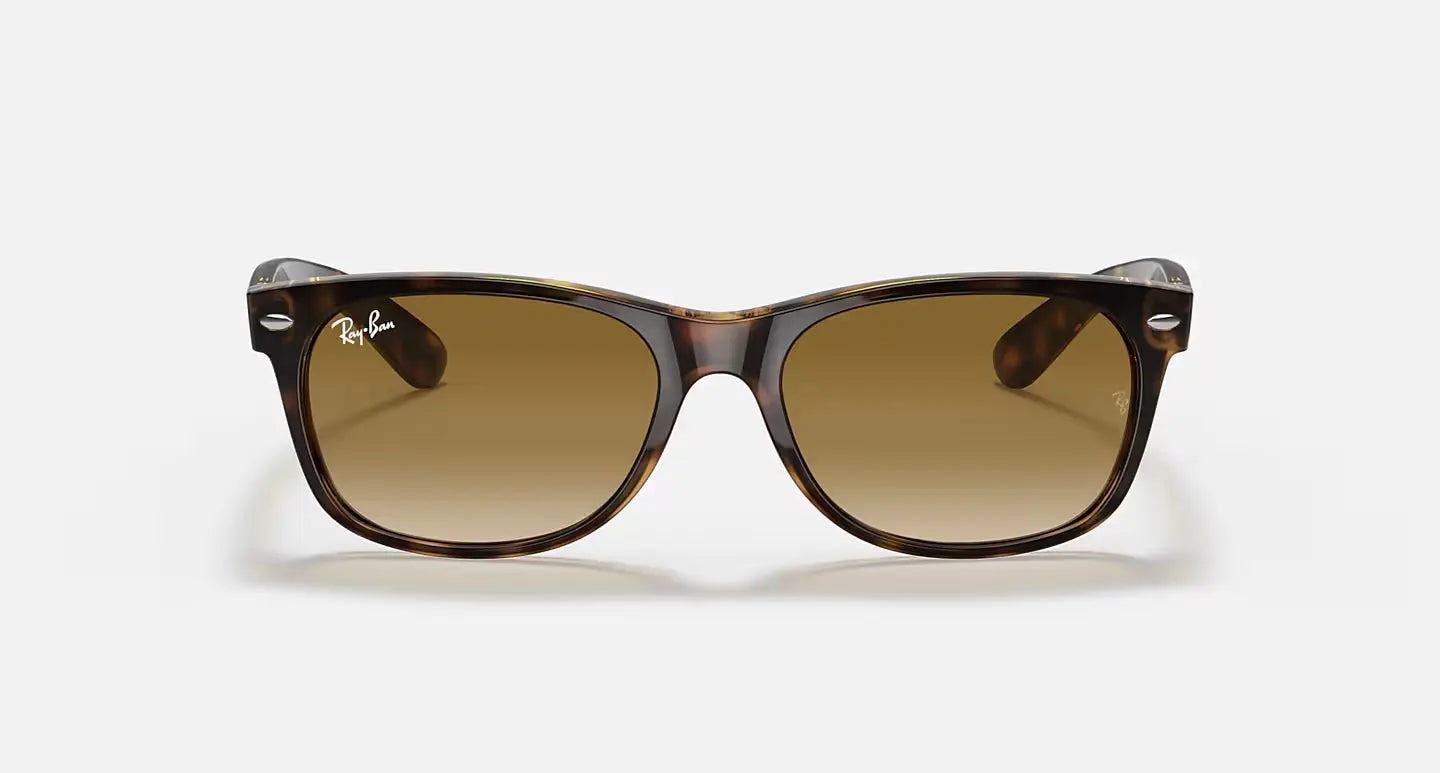 Ray-Ban New Wayfarer RB2132 sunglasses with glossy tortoise acetate frame and brown gradient lenses.