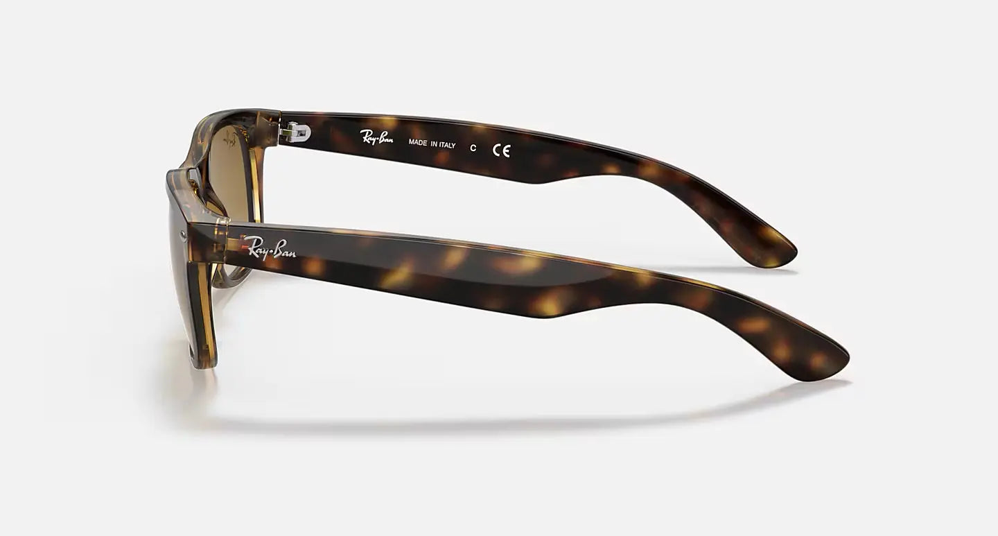 Ray-Ban New Wayfarer RB2132 sunglasses with glossy tortoiseshell acetate frame and iconic sleek design.