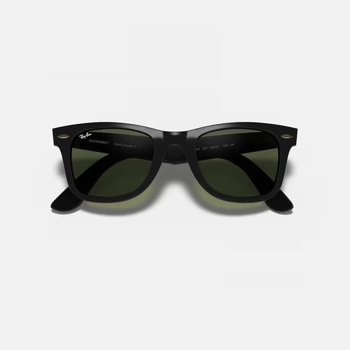 Ray-Ban Wayfarer RB4340 black acetate frame sunglasses with green G-15 lenses and classic unisex design.