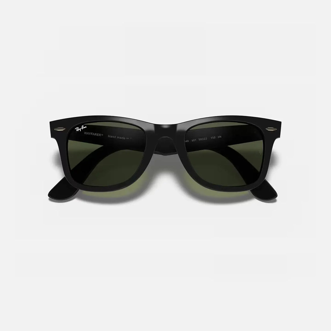 Ray-Ban Wayfarer RB4340 black acetate frame sunglasses with green G-15 lenses and classic unisex design.