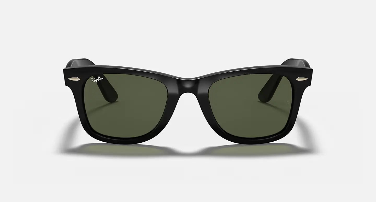 Ray-Ban Wayfarer RB4340 black acetate frame sunglasses with green G-15 lenses offering UV400 protection and classic style.