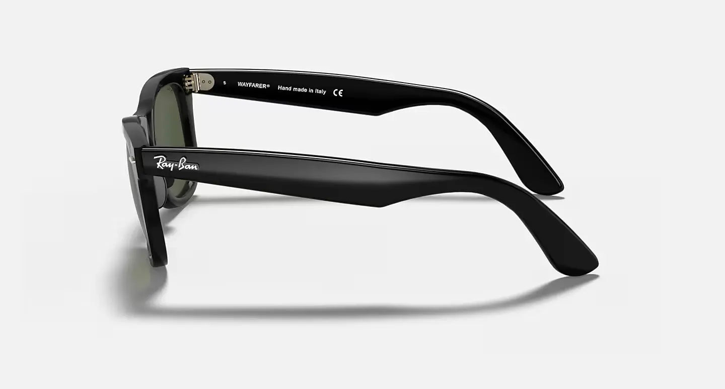 Black acetate frame with green G-15 lenses, Ray-Ban Wayfarer RB4340 sunglasses side view.