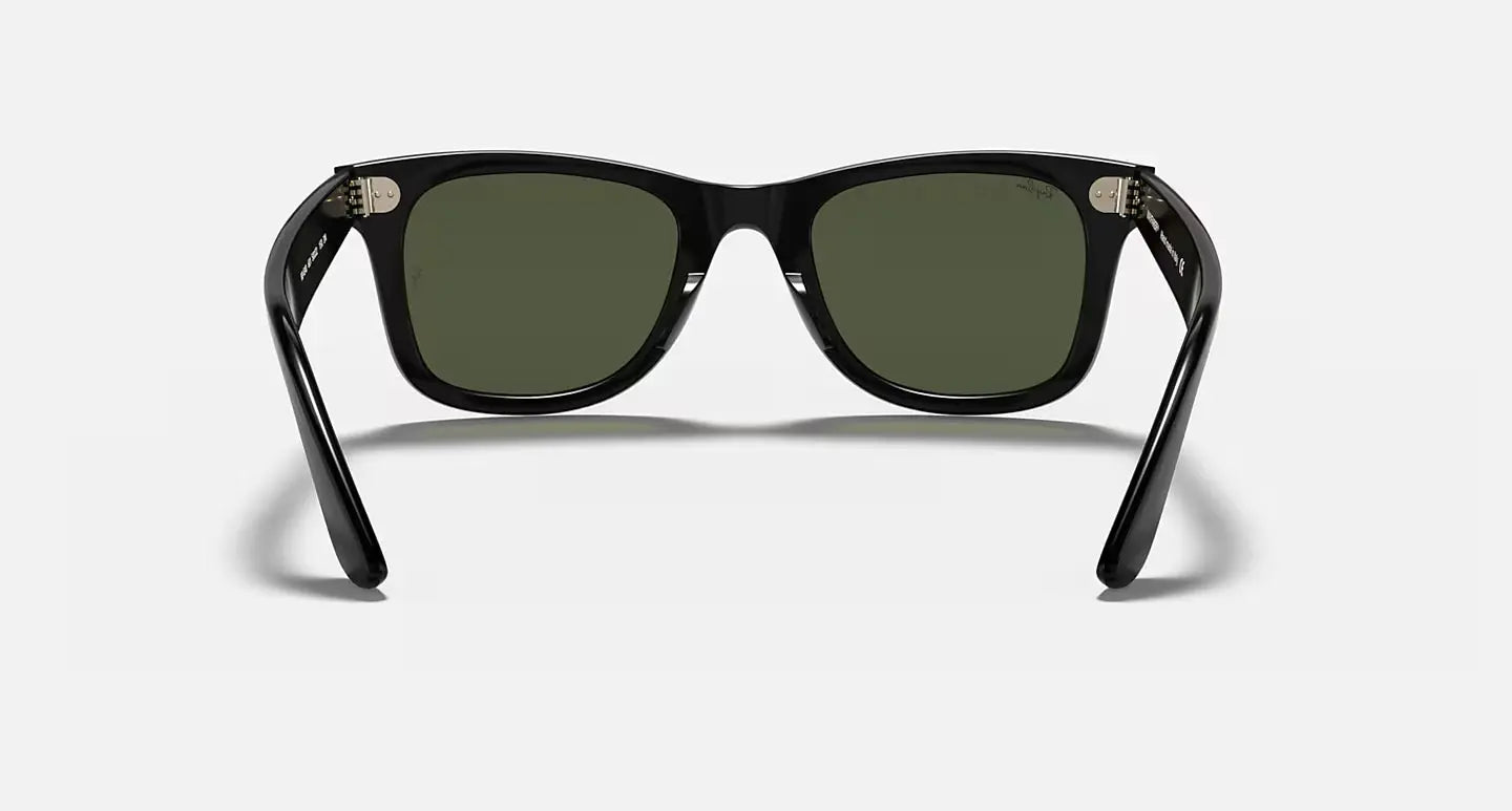 Ray-Ban Wayfarer RB4340 black acetate frame with green G-15 lenses, classic style and UV400 protection sunglasses.